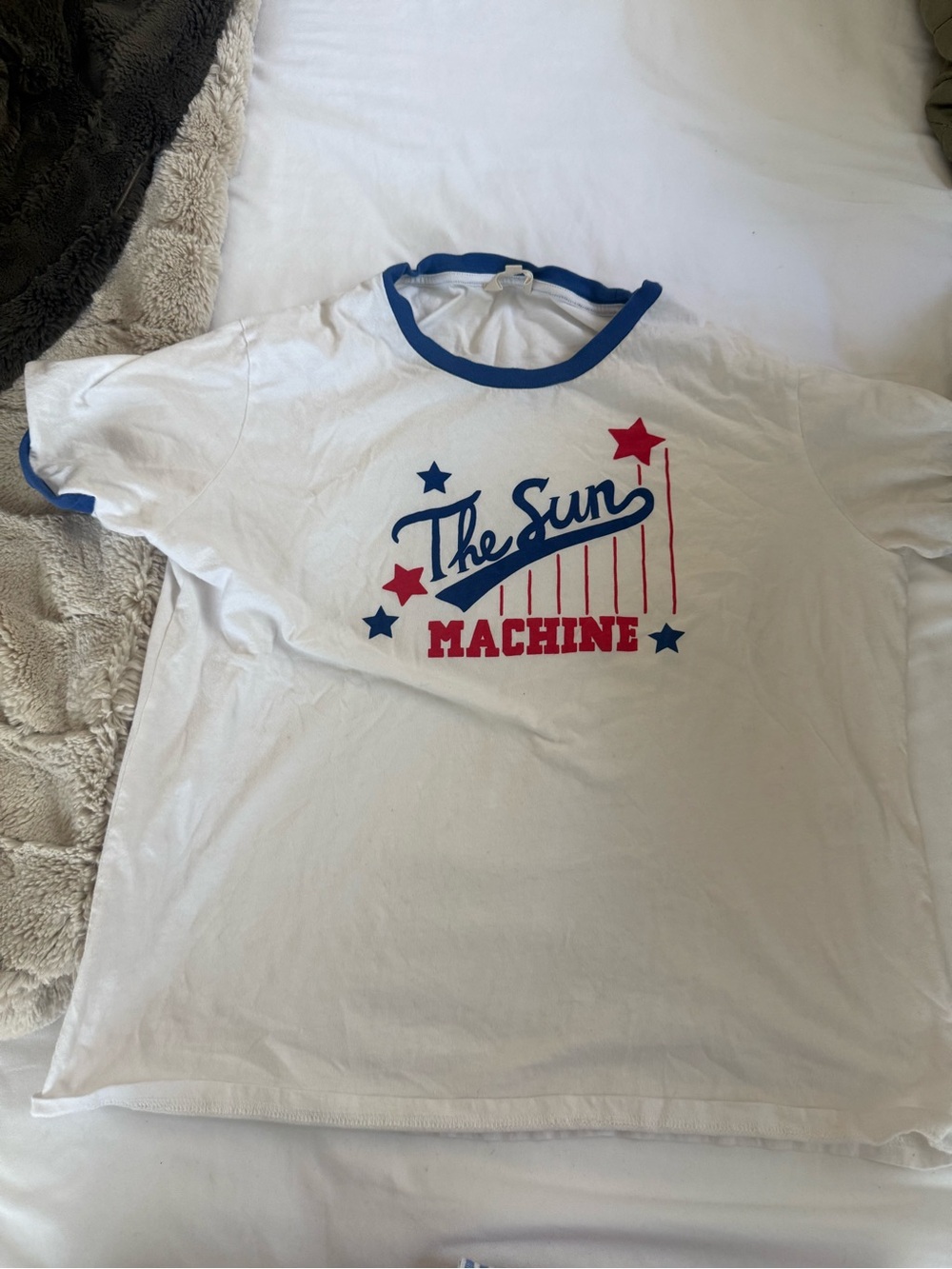 Sezane White Ringer Tee with Blue Trim and Red Graphic